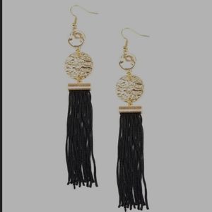 Black & Gold Coin Tassel Earrings